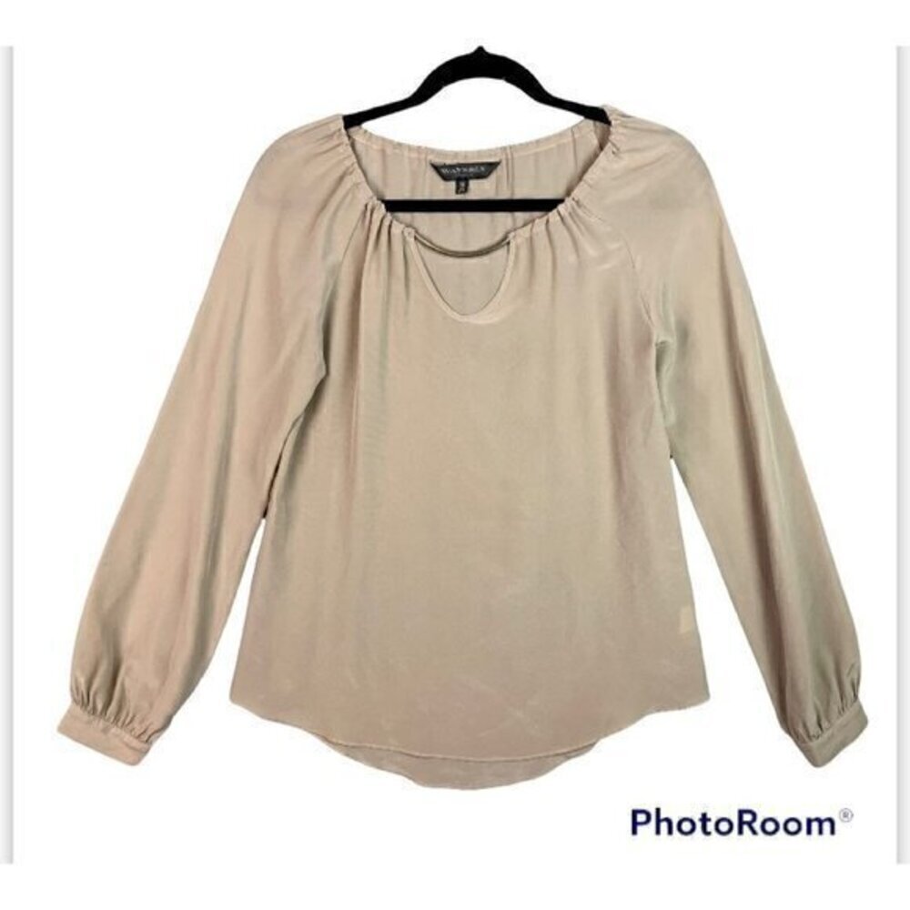 Waverly Grey Womens Blouse Beige Bishop Sleeve Keyhole Neck Ruched 100% Silk XS